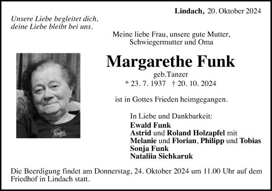 Traueranzeige von Margarethe Funk von Gmünder Tagespost