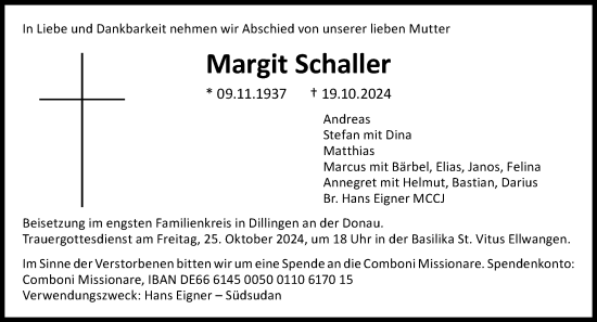 Traueranzeige von Margit Schaller von Schwäbische Post