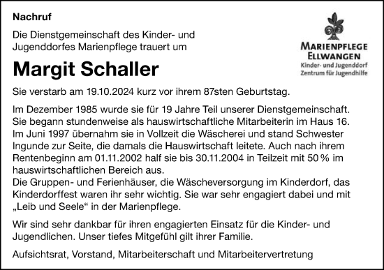 Traueranzeige von Margit Schaller von Schwäbische Post