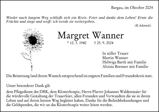 Traueranzeige von Margret Wanner von Gmünder Tagespost