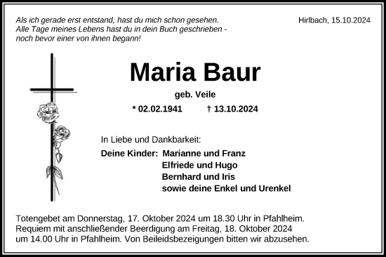 Traueranzeige von Maria Baur von Schwäbische Post