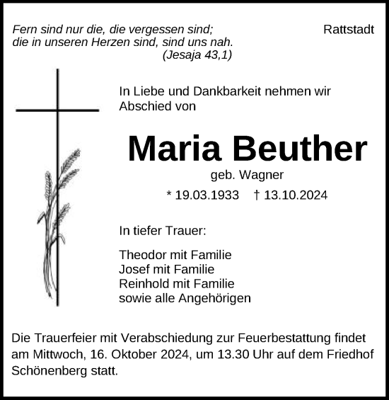 Traueranzeige von Maria Beuther von Schwäbische Post