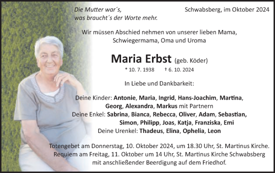 Traueranzeige von Maria Erbst von Schwäbische Post