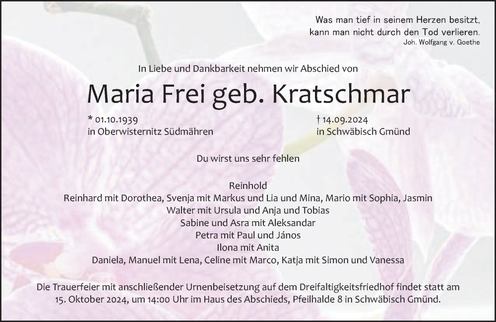  Traueranzeige für Maria Frei vom 12.10.2024 aus Gmünder Tagespost