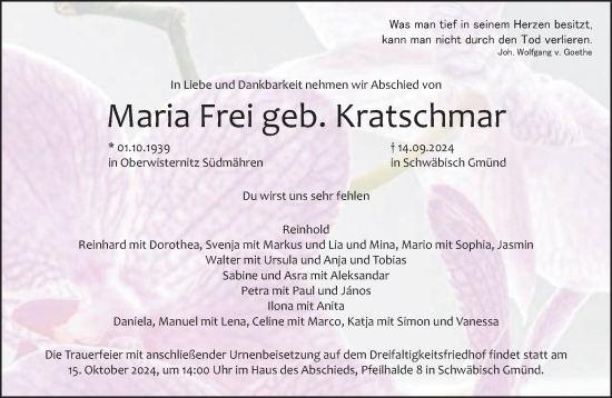 Traueranzeige von Maria Frei von Gmünder Tagespost