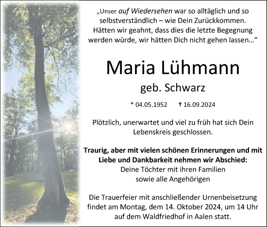 Traueranzeige von Maria Lühmann von Schwäbische Post