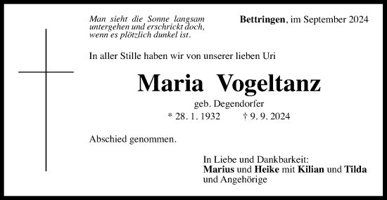 Traueranzeige von Maria Vogeltanz von Gmünder Tagespost
