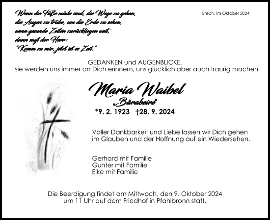 Traueranzeige von Maria Waibel von Schwäbische Post