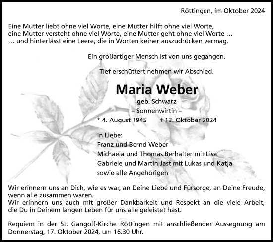 Traueranzeige von Maria Weber von Schwäbische Post