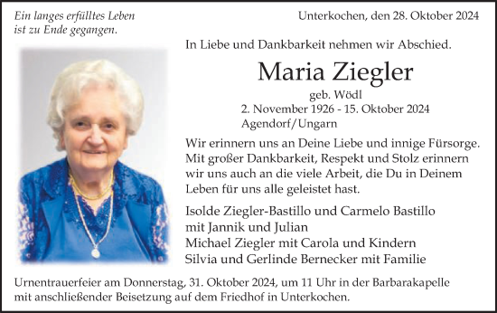Traueranzeige von Maria Ziegler von Schwäbische Post
