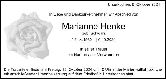 Traueranzeige von Marianne Henke von Schwäbische Post