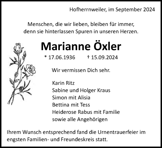 Traueranzeige von Marianne Öxler von Schwäbische Post