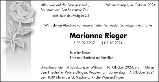 Traueranzeige von Marianne Rieger von Schwäbische Post
