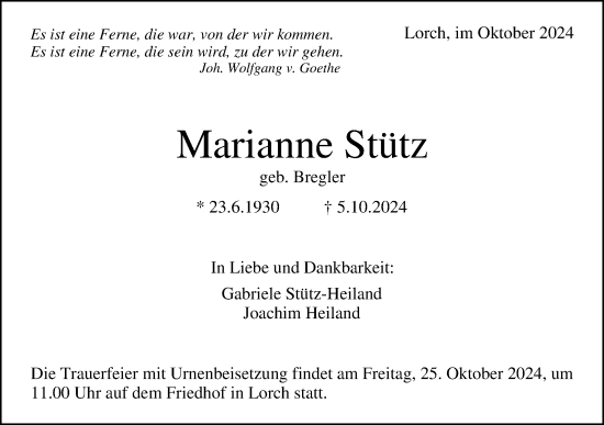 Traueranzeige von Marianne Stütz von Gmünder Tagespost