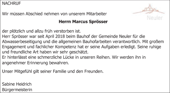 Traueranzeige von Markus Sprösser von Schwäbische Post