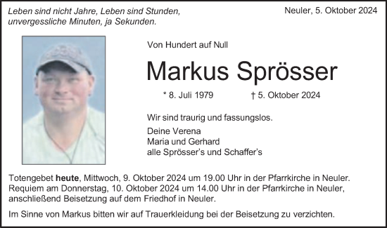 Traueranzeige von Markus Sprösser von Schwäbische Post