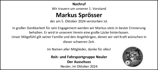 Traueranzeige von Markus Sprösser von Schwäbische Post