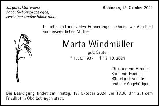 Traueranzeige von Marta Windmüller von Gmünder Tagespost