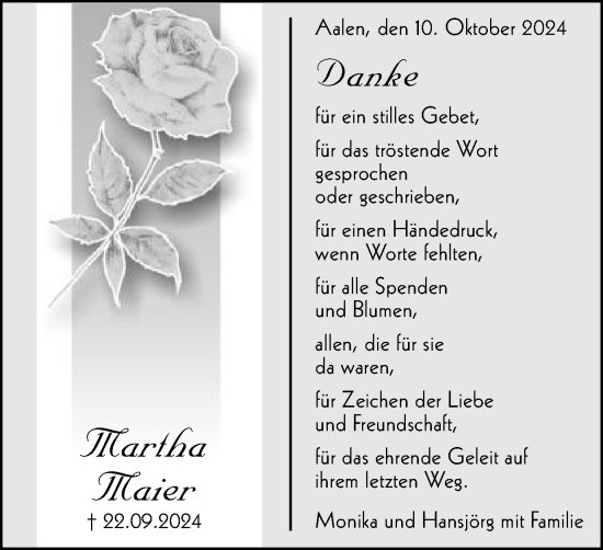 Traueranzeige von Martha Maier von Schwäbische Post