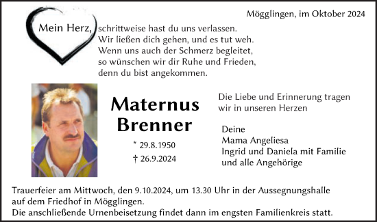 Traueranzeige von Maternus Brenner von Gmünder Tagespost