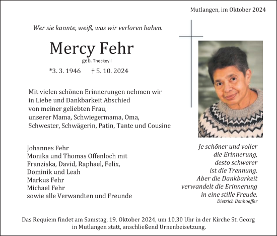 Traueranzeige von Mercy Fehr von Gmünder Tagespost