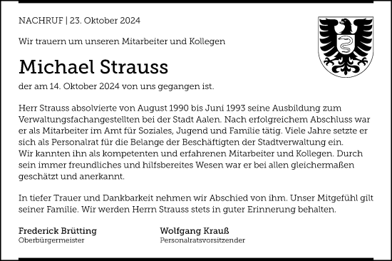 Traueranzeige von Michael Strauss von Schwäbische Post