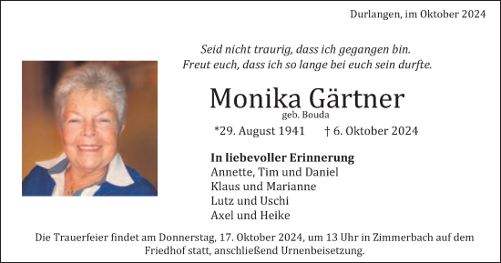 Traueranzeige von Monika Gärtner von Gmünder Tagespost