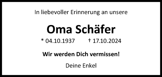 Traueranzeige von Oma Schäfer  von Schwäbische Post