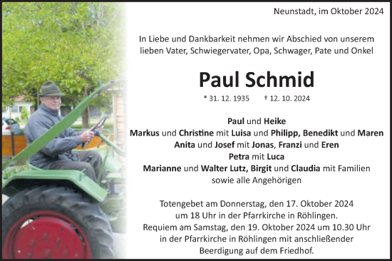 Traueranzeige von Paul Schmid von Schwäbische Post