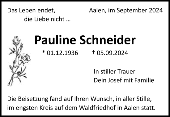 Traueranzeige von Pauline Schneider von Schwäbische Post