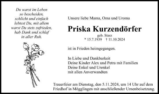Traueranzeige von Priska Kurzendörfer von Gmünder Tagespost