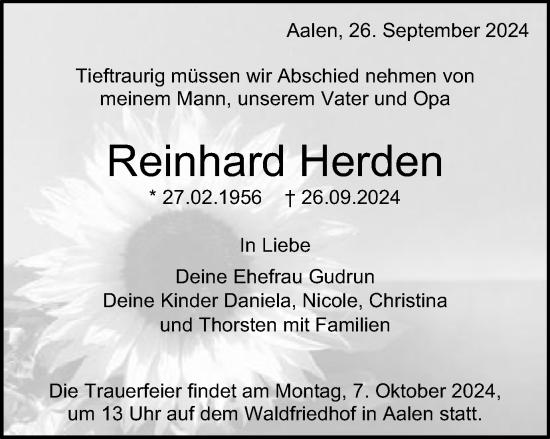 Traueranzeige von Reinhard Herden von Schwäbische Post