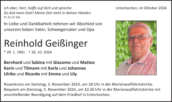 Traueranzeige von Reinhold Geißinger von Schwäbische Post