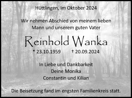 Traueranzeige von Reinhold Wanka von Schwäbische Post