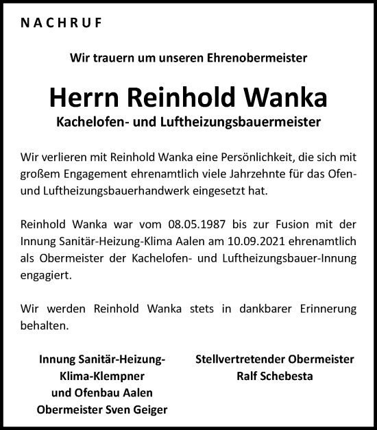 Traueranzeige von Reinhold Wanka von Schwäbische Post