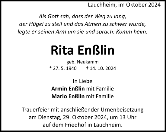 Traueranzeige von Rita Enßlin von Schwäbische Post
