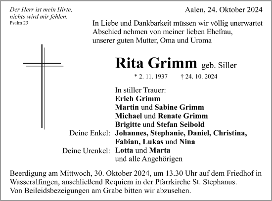 Traueranzeige von Rita Grimm von Schwäbische Post