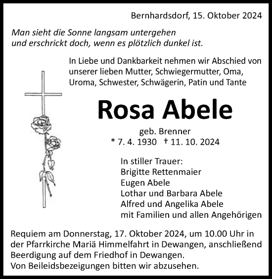 Traueranzeige von Rosa Abele von Schwäbische Post