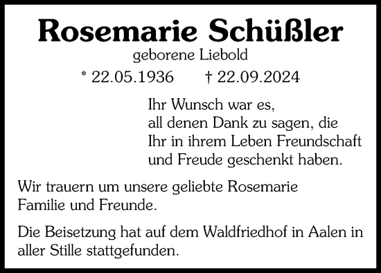 Traueranzeige von Rosemarie Schüßler von Schwäbische Post