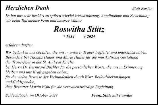 Traueranzeige von Roswitha Stütz von Gmünder Tagespost