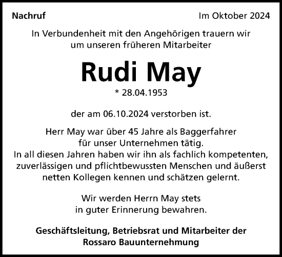 Traueranzeige von Rudi May  von Schwäbische Post