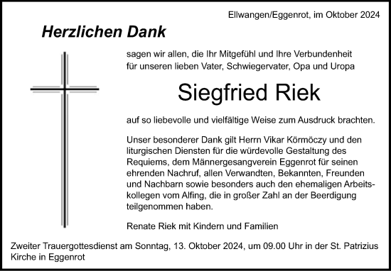 Traueranzeige von Siegfried Riek von Schwäbische Post