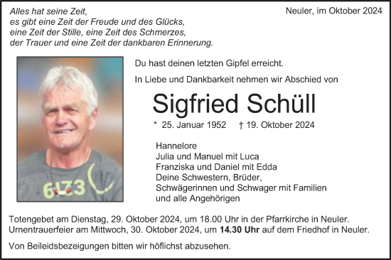 Traueranzeige von Sigfried Schüll von Schwäbische Post