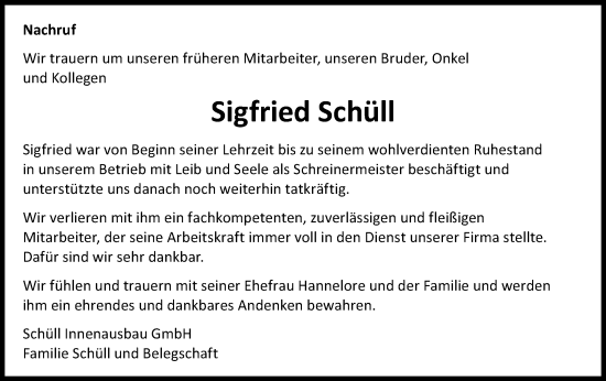 Traueranzeige von Sigfried Schüll von Schwäbische Post