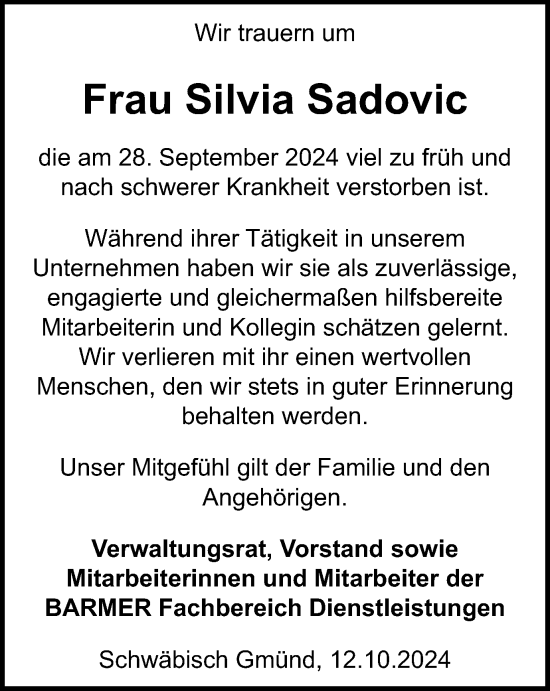 Traueranzeige von Silvia Sadovic von Gmünder Tagespost