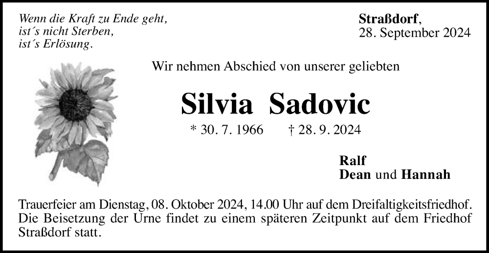  Traueranzeige für Silvia Sadovic vom 05.10.2024 aus Gmünder Tagespost