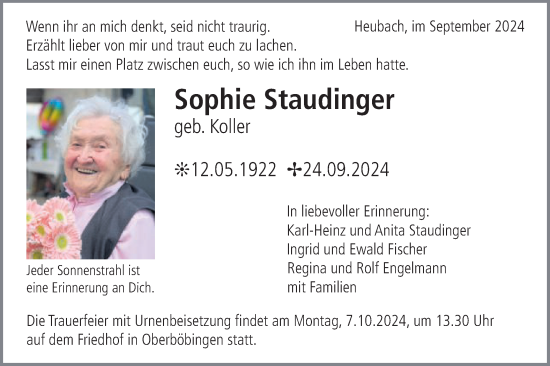 Traueranzeige von Sophie Staudinger von Gmünder Tagespost