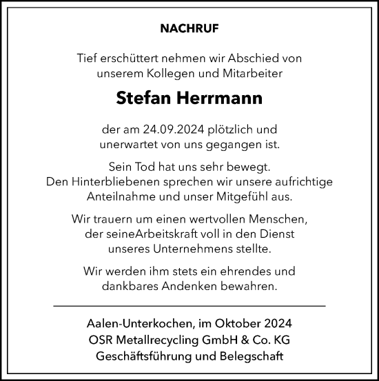 Traueranzeige von Stefan Herrmann von Schwäbische Post