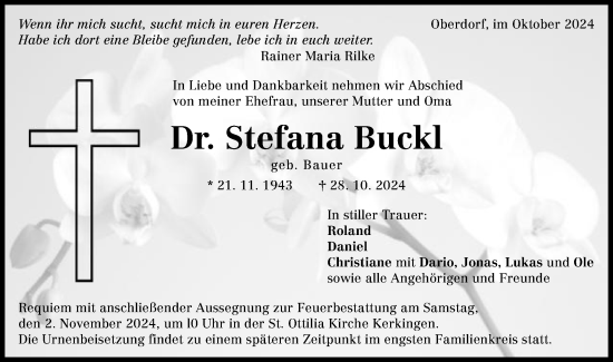 Traueranzeige von Stefana Buckl von Schwäbische Post