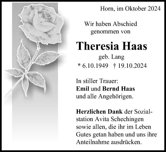 Traueranzeige von Theresia Haas
